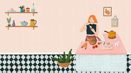 Girl cooking in a kitchen sketch style background vector - 1227450