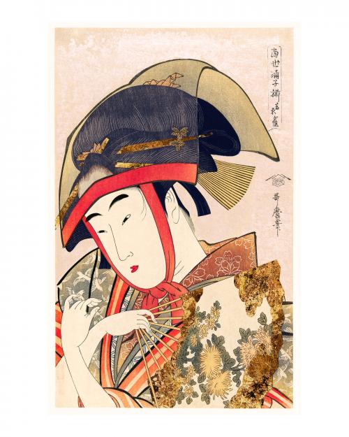 Yoshiwara Suzume vintage illustration wall art print and poster design remix from original painting by Utamaro Kitagawa. - 2267363