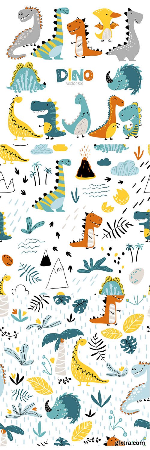 Dinosaurs set in cartoon scandinavian style and Pattern