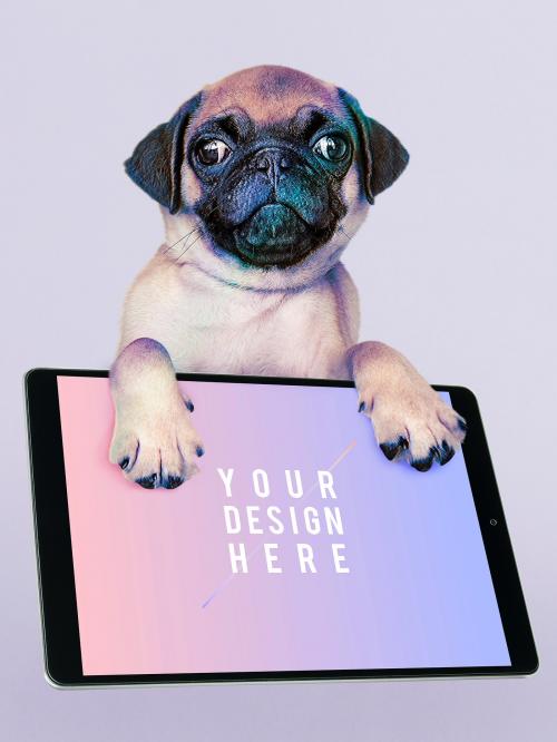 Adorable Pug puppy with digital tablet mockup - 542350