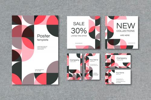 Pink geometric patterned poster and business card template vector set - 1216514