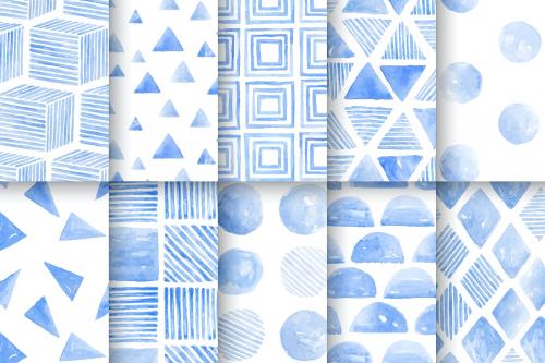 Indigo blue watercolor geometric seamless patterned background vector set - 1217590