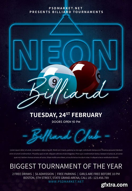 Neon billiard night - Premium flyer psd template