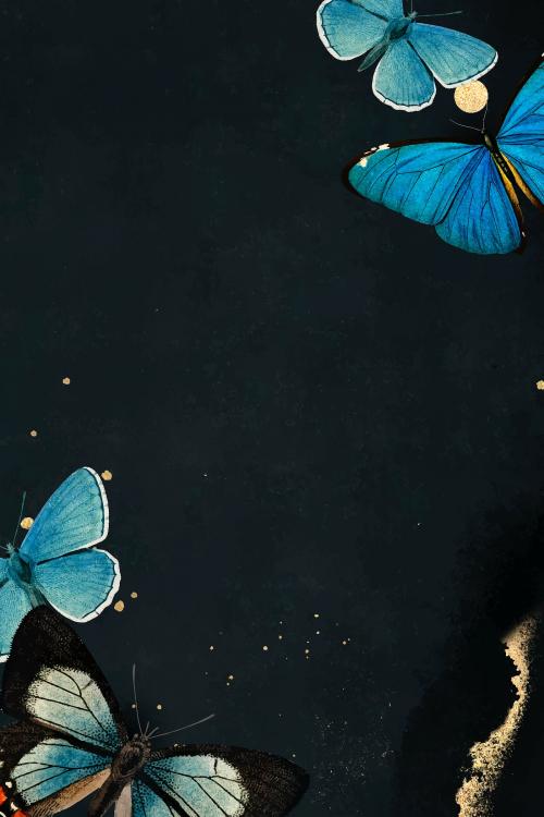 Blue butterflies patterned on black background vector - 1222351