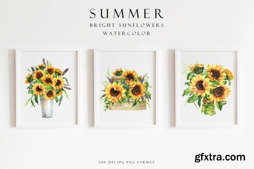 Set of summer bright sunflowers