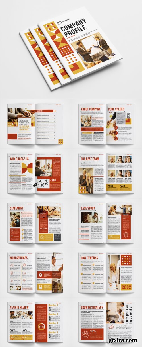 Company Profile Layout with Red and Yellow Accents 351013510