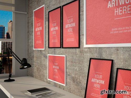 Framed Posters in Design Office Mockup 