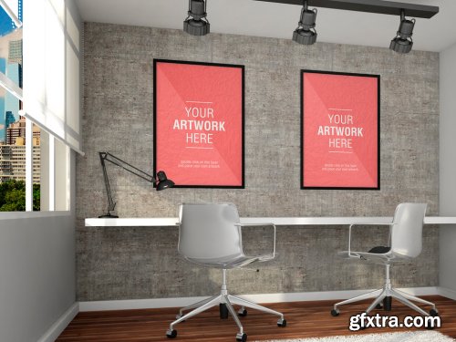 Framed Posters in Design Office Mockup 