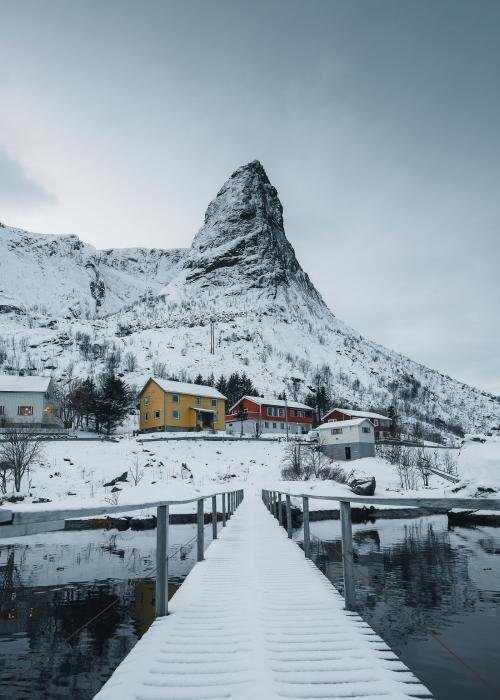 Snowy village on Sakrisøy island, Norway - 2255778