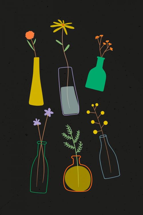 Colorful doodle flowers in vases on black background vector - 1222898