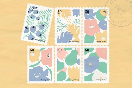 Botanical stamp collection on yellow background vector - 1223552