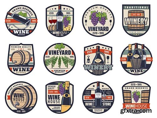 Wine, winemaking and viticulture icons set