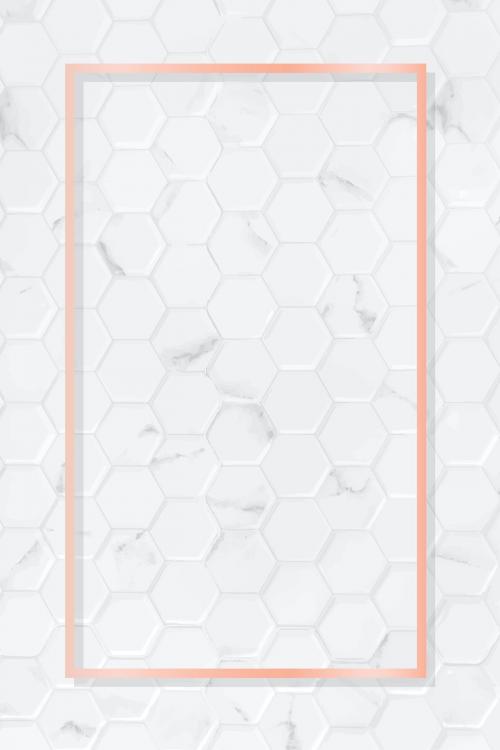 Rectangle pink gold frame on hexagon pattern white marble background vector - 1214765