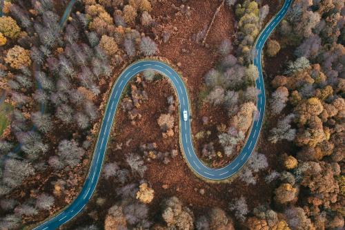 Drone shot of a curvy road in the Trossachs, Scotland - 2097903