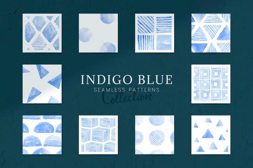 Indigo blue watercolor geometric seamless patterned background vector set - 1217573