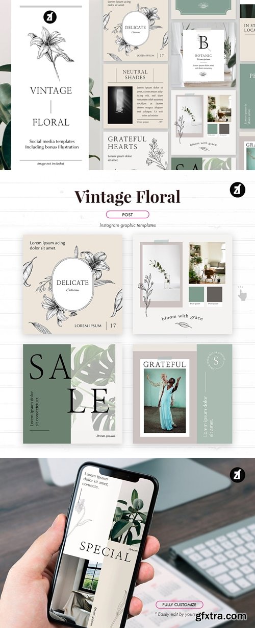 Vintage floral social media graphic templates