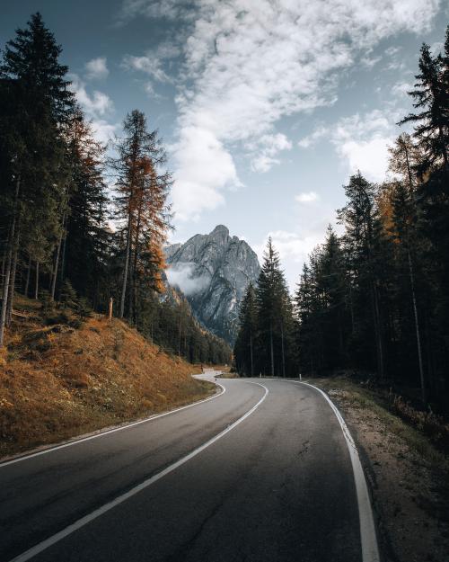 Drone shot of the road to Dolomites, Italy - 2092617