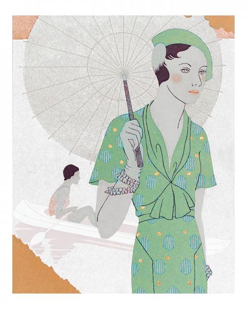 Woman with umbrella vintage illustration wall art print and poster design remix from original artwork by M. Renaud. - 2270081