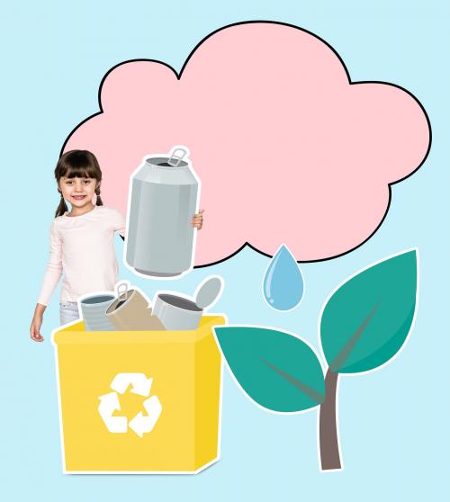 Young girl collecting cans into a yellow recycling bin - 504232