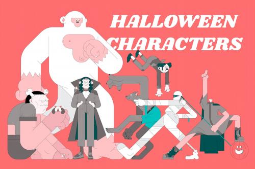 Halloween characters on red background vector - 1223052