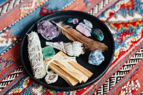 Sage and crystals on a ceramic plate ready for smudging - 2281849