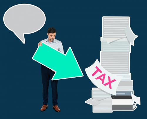 Man with an arrow pointing towards tax papers - 504287