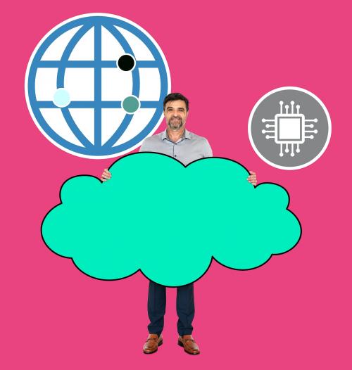 Cheerful man showing a cloud network system - 504300