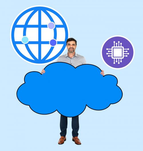 Cheerful man showing a cloud network system - 504319