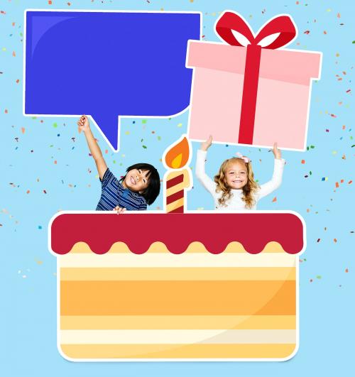 Happy kids celebrating a birthday party with cake - 504389