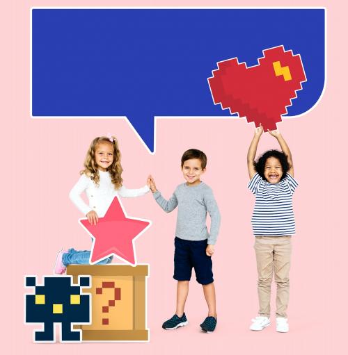 Happy diverse kids with pixilated gaming icons - 504430