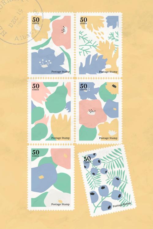 Botanical stamp collection on yellow background vector - 1223526