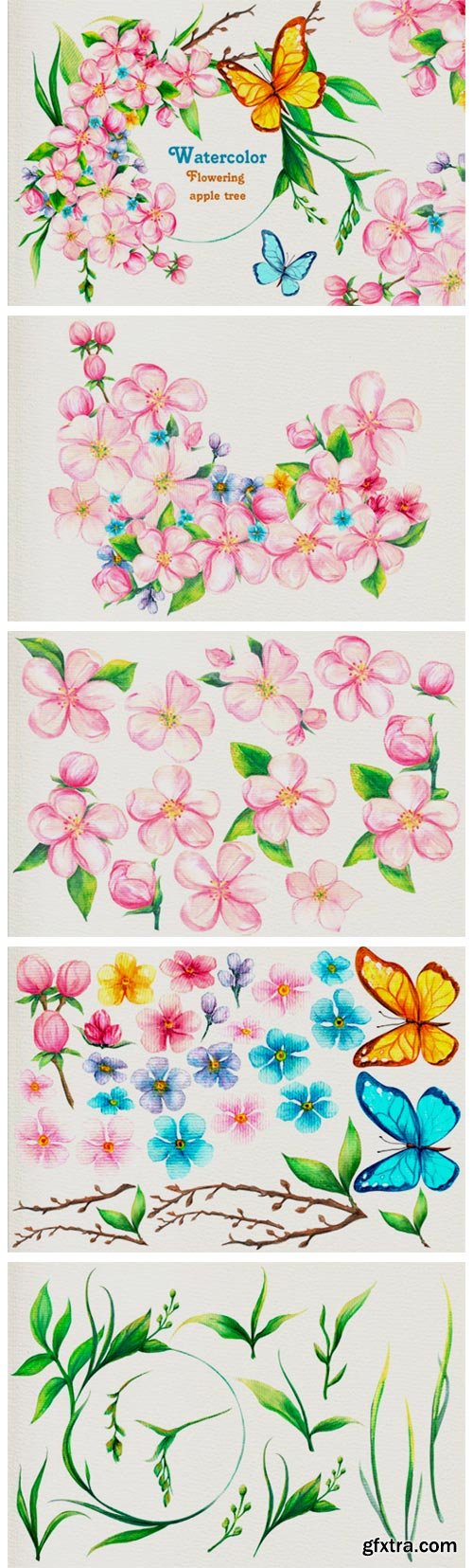 Watercolor Flowering Apple Tree Big Set 4284058