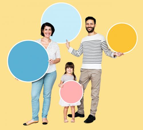 Happy family holding round empty boards - 504074