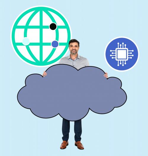 Cheerful man showing a cloud network system - 504091