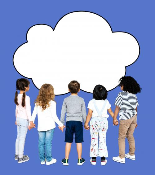 Children holding hands and looking at a cloud shaped board - 504096