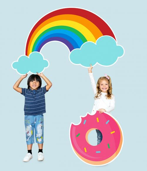 Cheerful kids with a rainbow and a donut icon - 504185