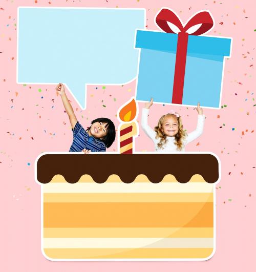 Happy kids celebrating a birthday party with cake - 504199