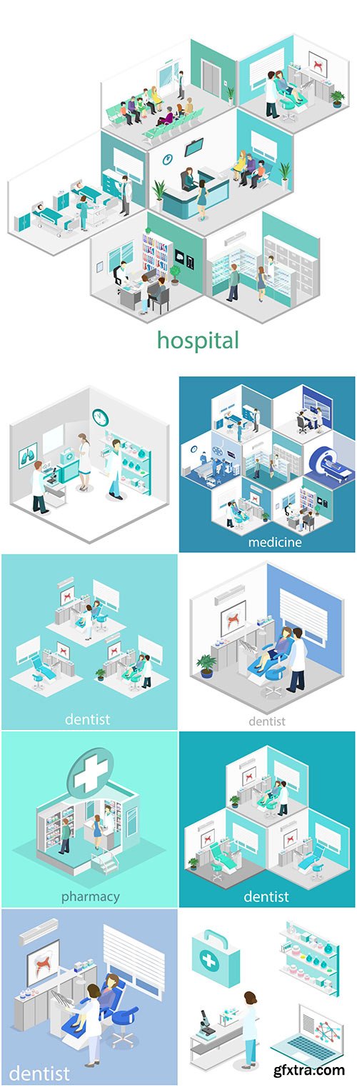 Isometric flat interior of hospital room, pharmacy, doctor's 