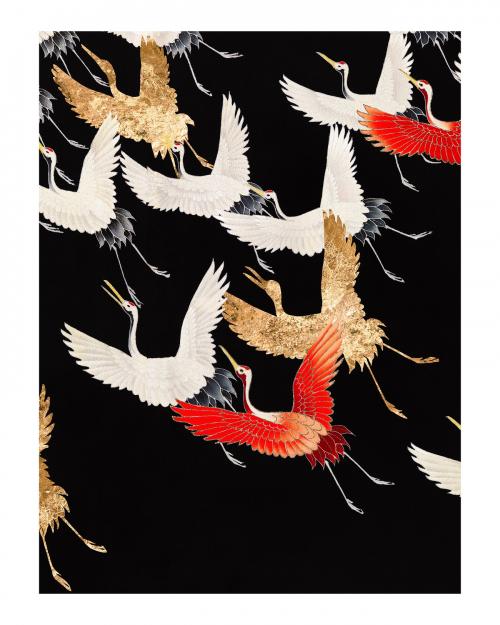 Japanese flying cranes vintage illustration wall art print and poster design remix from original artwork. - 2267361