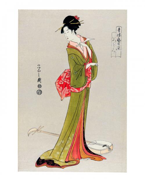 Japanese woman in kimono and a shamisen on the floor illustration wall art print and poster design remix from the original artwork. - 2267454