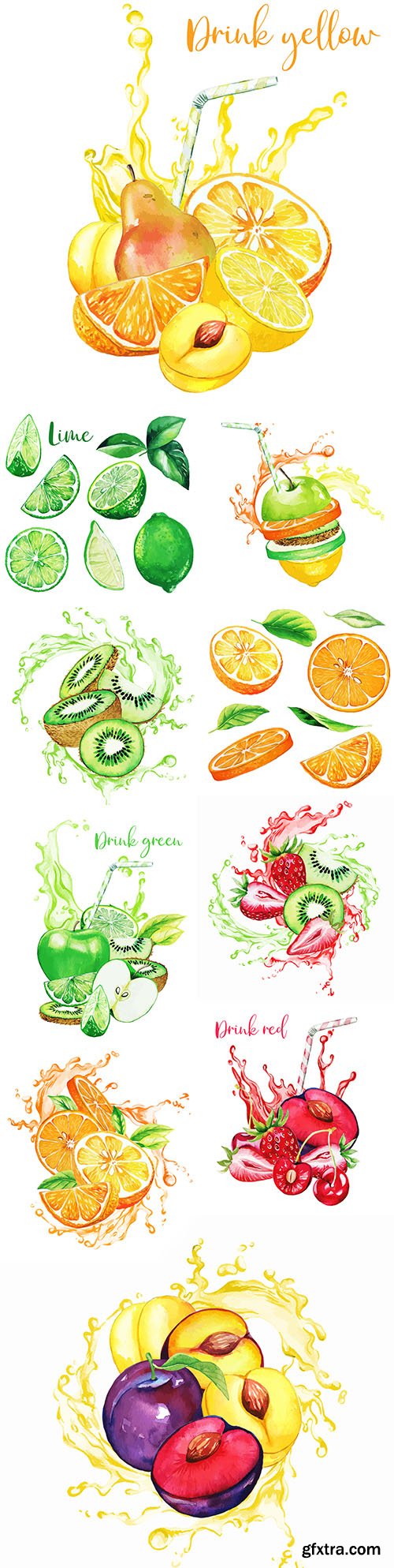 Juicy fruit composition with juice spray illustration
