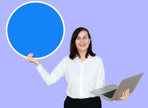 Woman showing a blank blue circle board - 493309