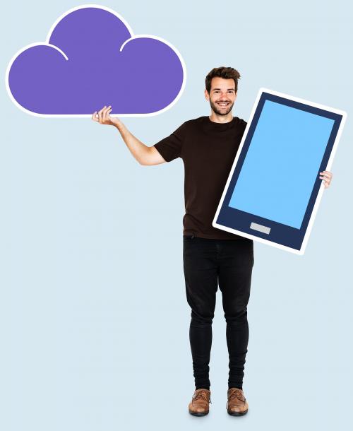 Cheerful man holding cloud storage icons - 493339