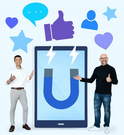 Cheerful men with attracting social media like thumbs up icons - 493347