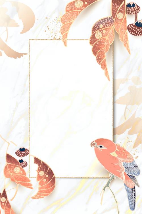 Gold frame with a parrot and leaf motifs on a white marble background vector - 1210447