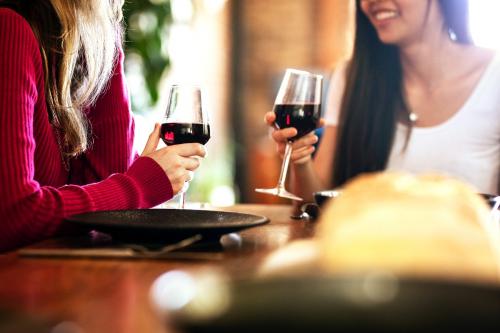 Friends having red wine at a dinner party - 2205523