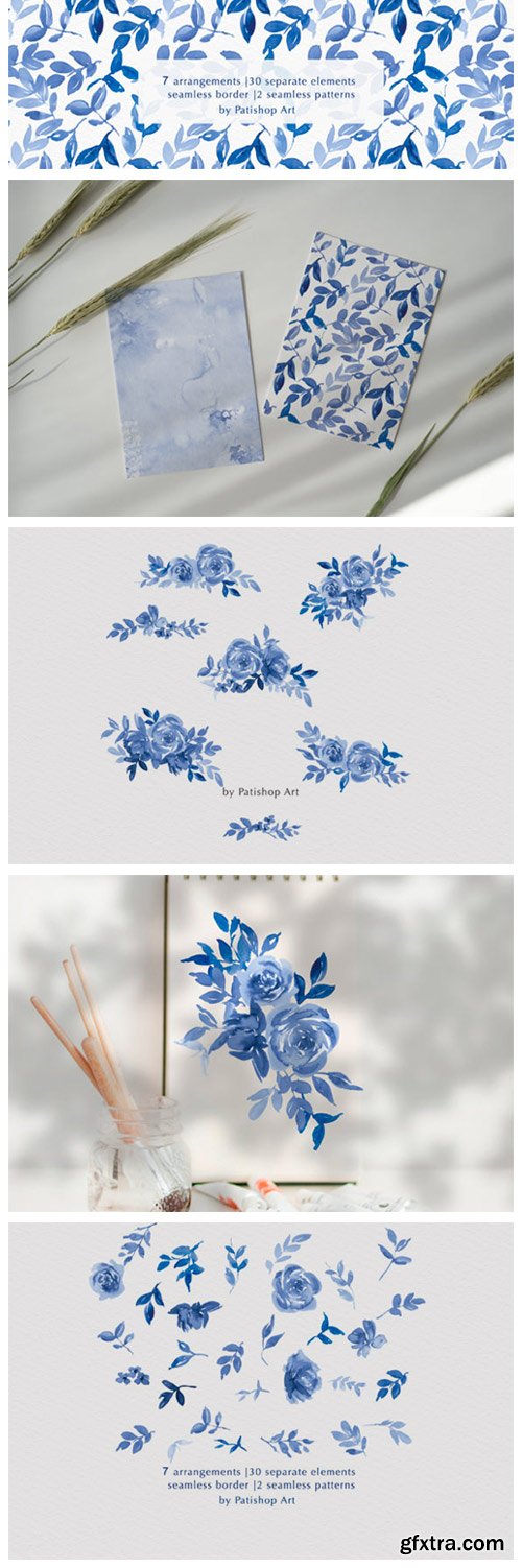 Classic Blue Watercolor Floral Clipart 4334130