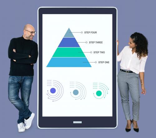 Businesspeople presenting work steps by a pyramid chart - 492746