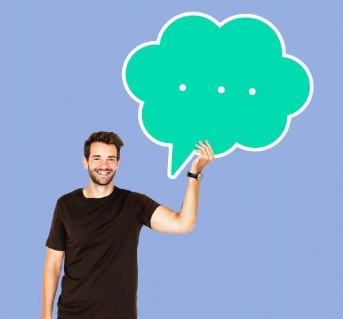 Happy man holding a speech bubble - 492772