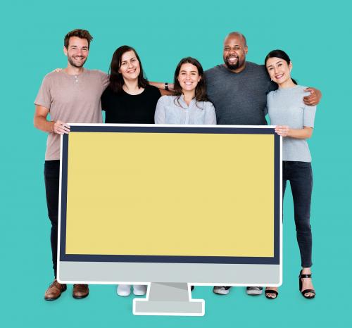 Diverse people with a blank computer screen mockup - 492773